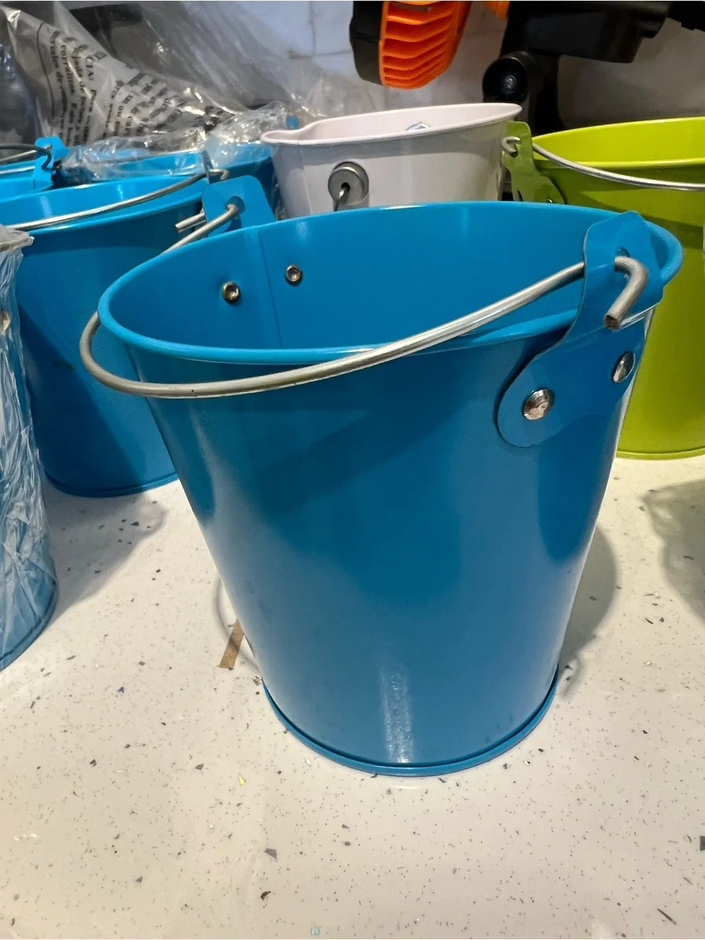 Blue, White & Lime Small Metal Party Buckets - Set of Decorative Pails